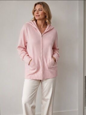Terryl for Thalian 100% Cashmere Light Pink Hooded Zip-Up Sweater Size XL